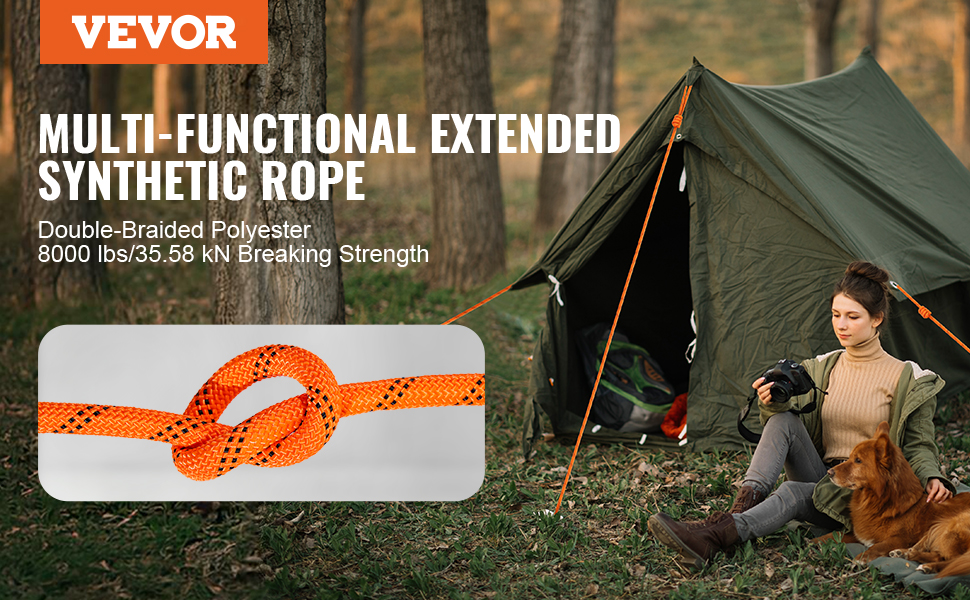 VEVOR climbing rope - double-braided polyester, 8000 lbs breaking strength, man scaling skyscraper.