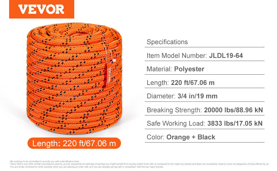 VEVOR arborist rigging rope, 220 ft orange and black polyester, 3/4 inch diameter, 20000 lbs strength.