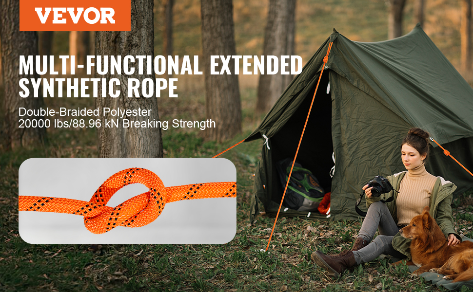 VEVOR arborist rigging rope for climbing, high breaking strength, double-braided polyester.