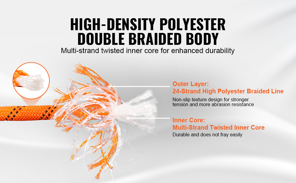 high-density polyester double braided body of VEVOR arborist rigging rope with multi-strand twisted core.
