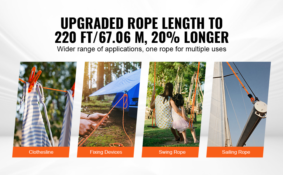 upgraded rope length to 220 ft; versatile VEVOR arborist rigging rope for various applications.