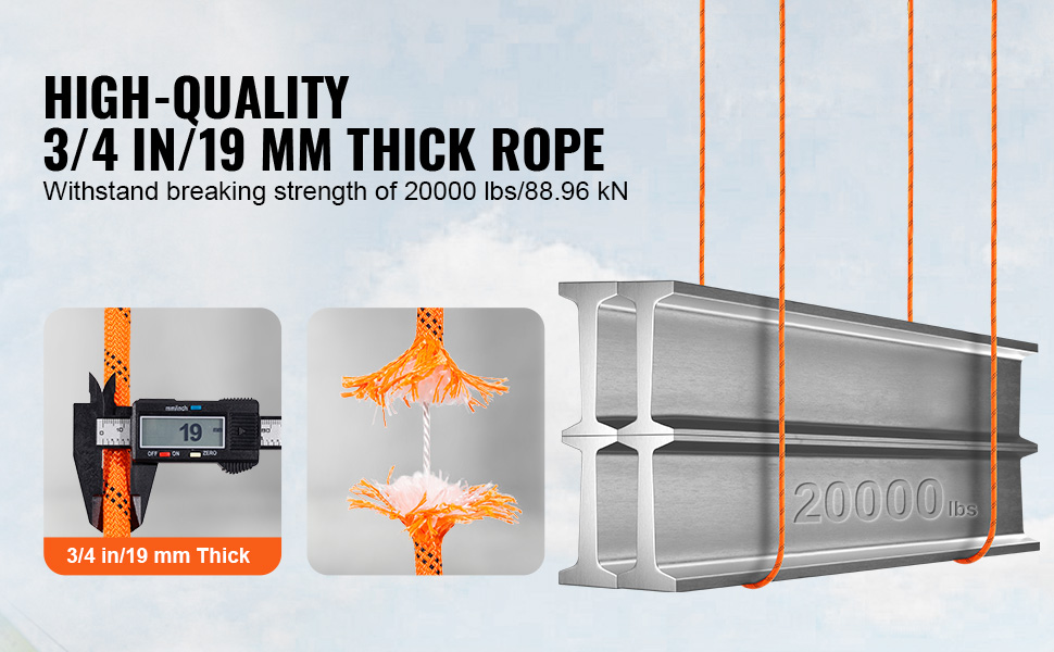 high-quality VEVOR arborist rigging rope, 3/4 in/19 mm thick, withstands 20000 lbs breaking strength.