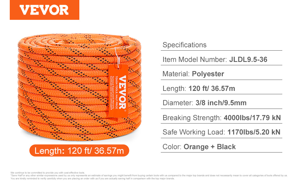 orange VEVOR double braided polyester rope, 120 ft long, 3/8 inch diameter, 4000 lbs breaking strength.