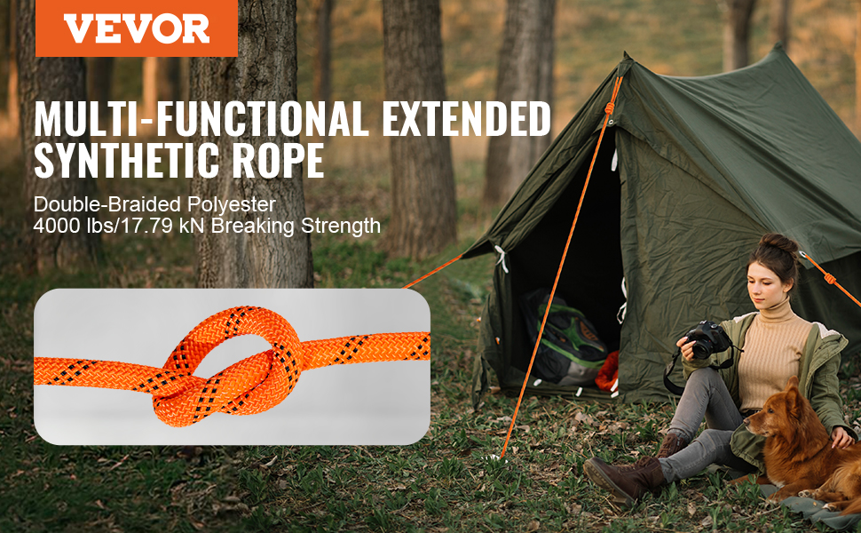 VEVOR double braided polyester rope with 4000 lbs breaking strength, showcasing a technician on glass building.