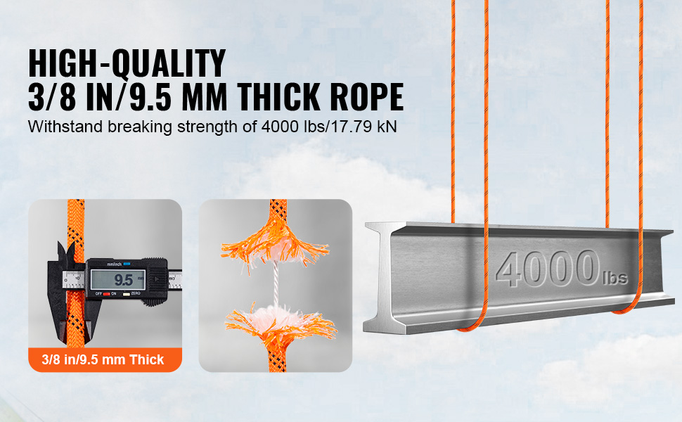 high-quality VEVOR double braided polyester rope, 3/8 in or 9.5 mm thick, withstands 4000 lbs.