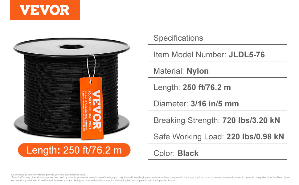 VEVOR black braided nylon cord, 250 ft length, 3/16 in diameter, 720 lbs breaking strength.