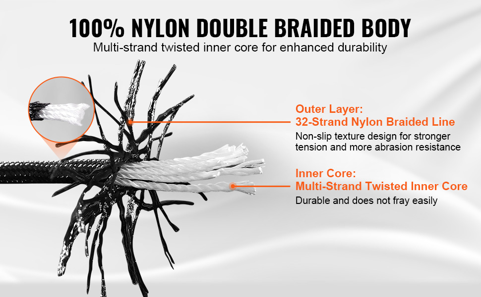 VEVOR braided nylon cord with 32-strand outer layer and multi-strand twisted inner core for durability.