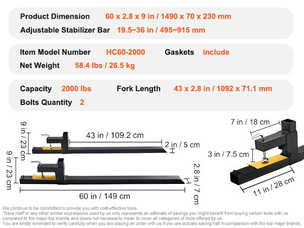VEVOR pallet forks 2000 lbs capacity, adjustable stabilizer bar, product dimensions 60 x 2.8 x 9 in.