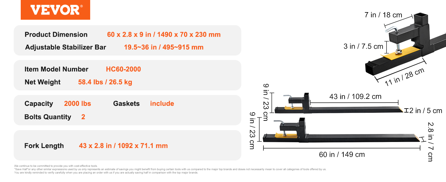 VEVOR pallet forks 2000 lbs capacity, adjustable stabilizer bar, product dimensions 60 x 2.8 x 9 in.