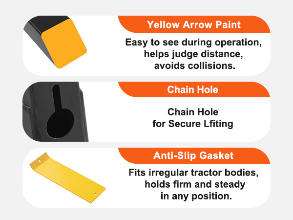 VEVOR pallet forks with yellow arrow paint, chain hole for secure lifting, and anti-slip gasket.