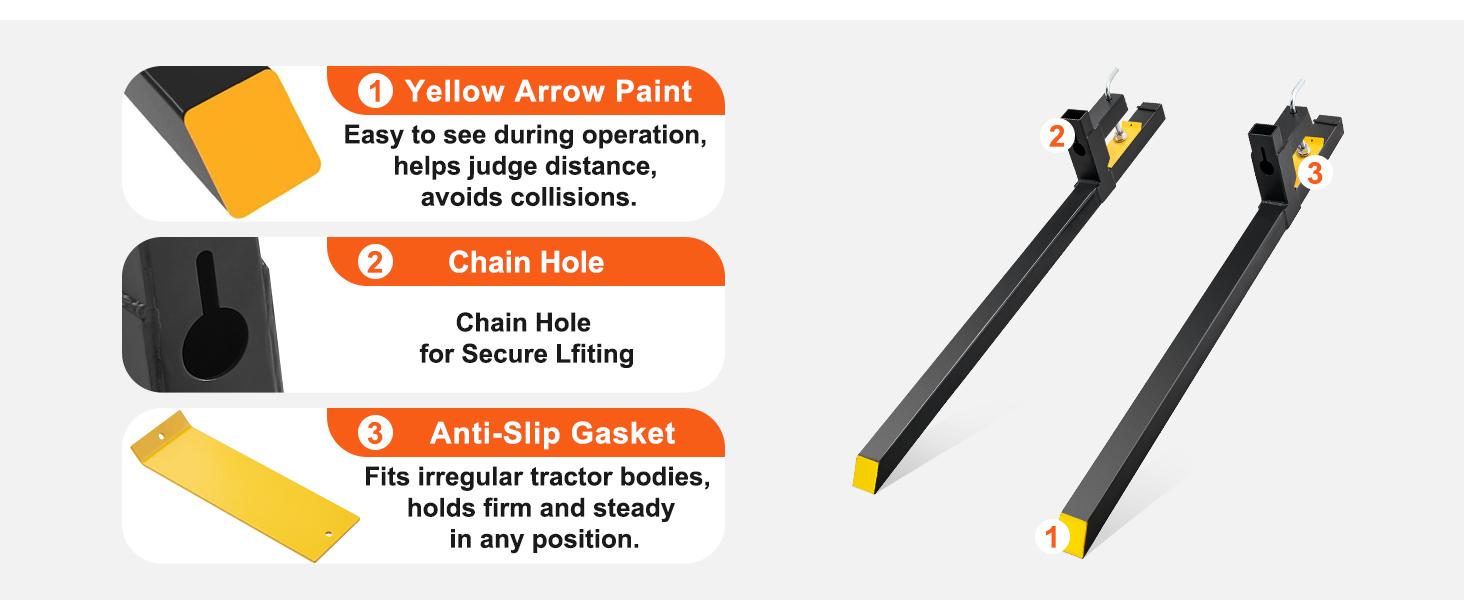 VEVOR pallet forks with yellow arrow paint, chain hole for secure lifting, and anti-slip gasket.