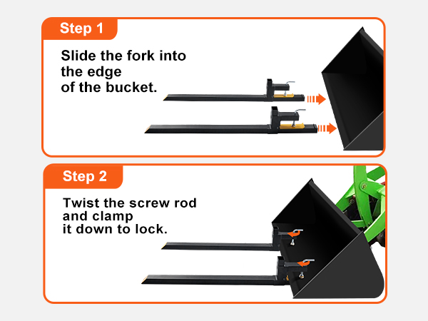 VEVOR pallet forks setup: slide fork into bucket edge, twist screw rod and clamp to lock securely.