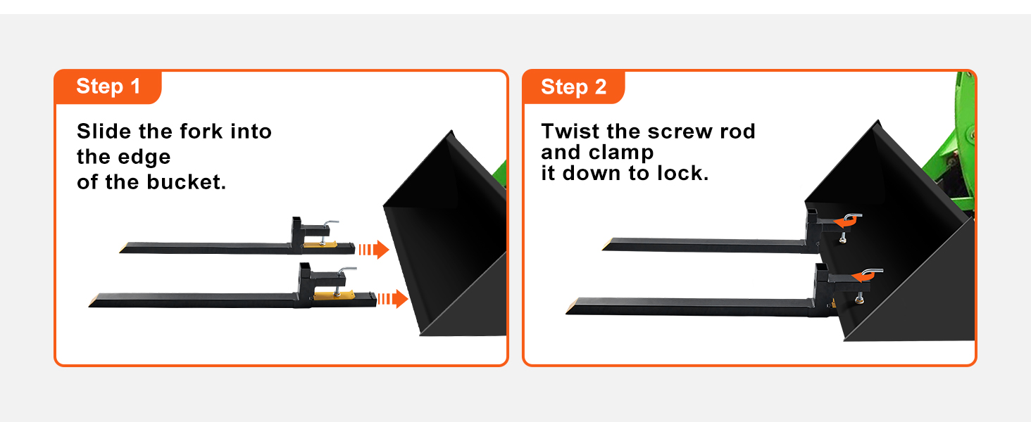 VEVOR pallet forks setup: slide fork into bucket edge, twist screw rod and clamp to lock securely.