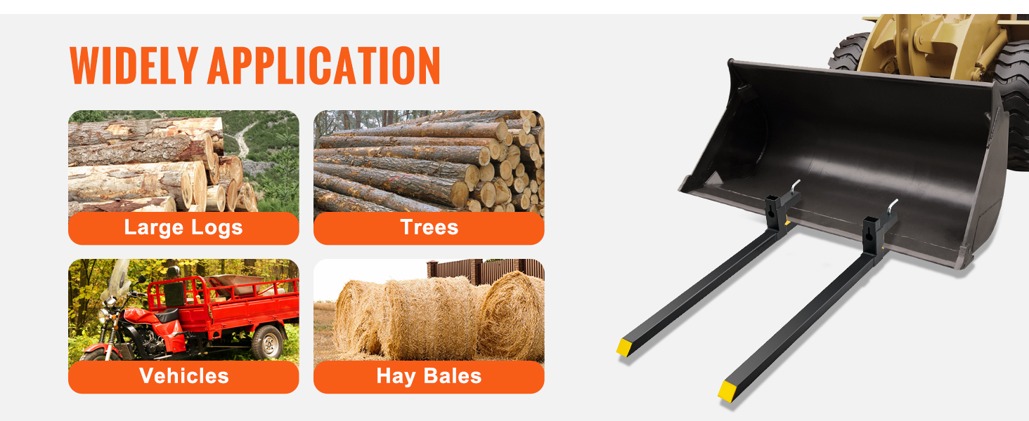VEVOR pallet forks with attachments for large logs, trees, vehicles, and hay bales. widely applicable.