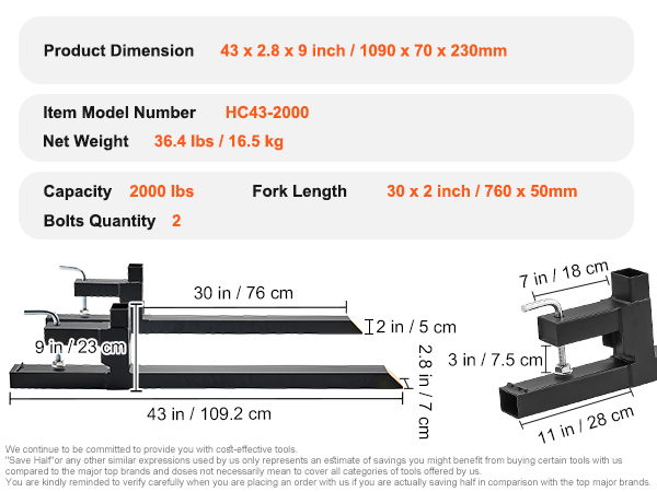 VEVOR pallet forks dimensions, 43 x 2.8 x 9 in, 2000 lbs capacity, 36.4 lbs weight. model hc43-2000.