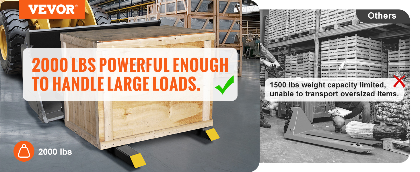 VEVOR pallet forks lifting large crate, highlighting 2000 lbs capacity vs. other less powerful forks.