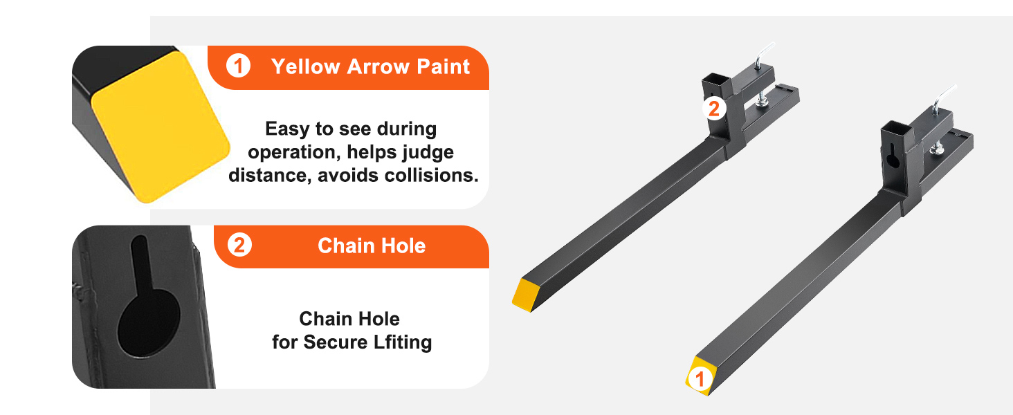 VEVOR pallet forks with yellow arrow paint for visibility and chain hole for secure lifting.