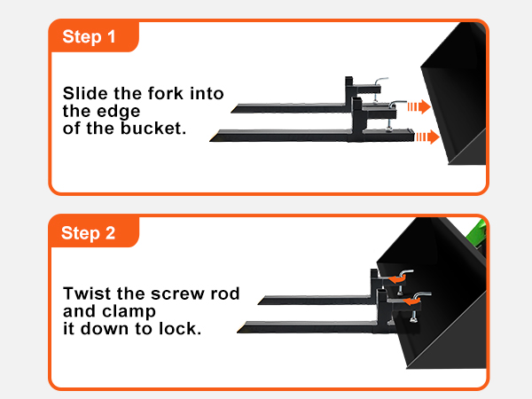 easy installation steps for VEVOR pallet forks: slide fork in, twist screw rod, and lock down.