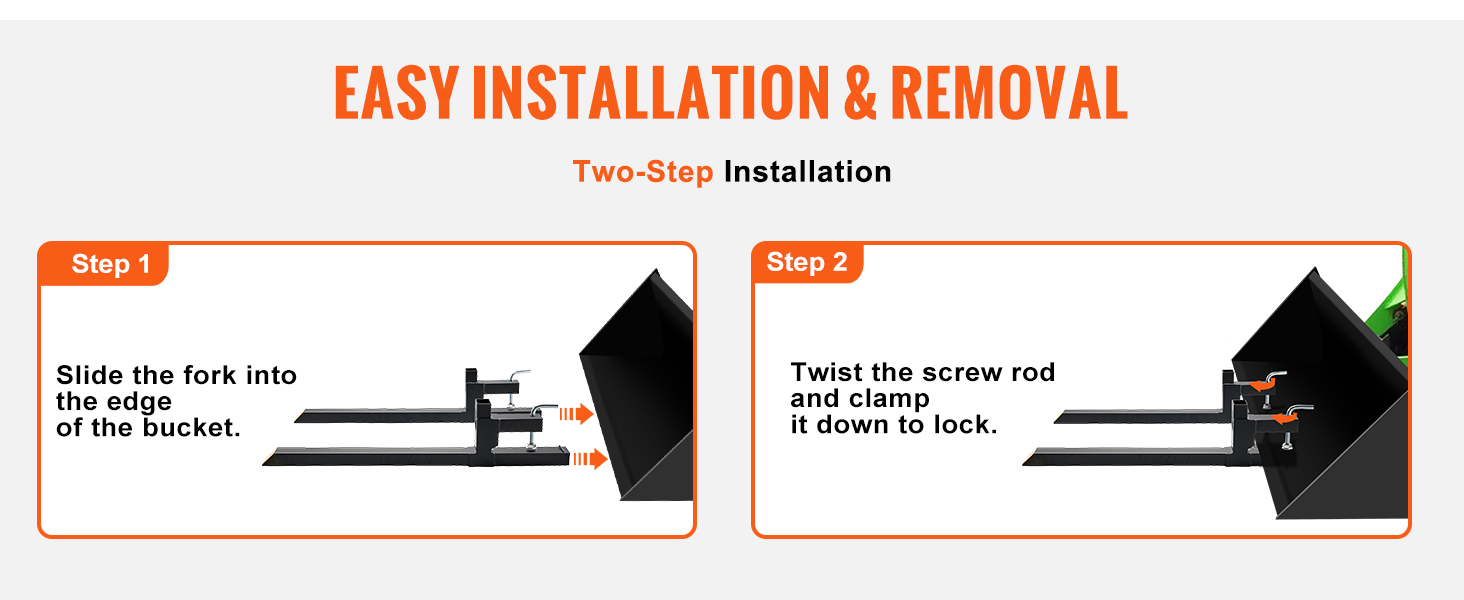 easy installation steps for VEVOR pallet forks: slide fork in, twist screw rod, and lock down.