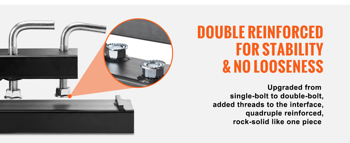 VEVOR pallet forks, double reinforced for stability, featuring double-bolt design and added threads.