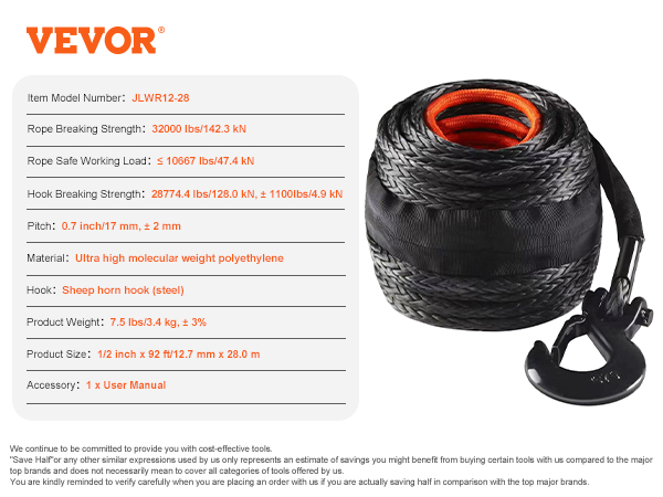 VEVOR synthetic winch rope with ultra high molecular weight polyethylene and steel hook, 32000 lbs strength.