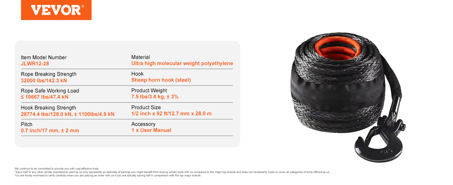 VEVOR synthetic winch rope with ultra high molecular weight polyethylene and steel hook, 32000 lbs strength.