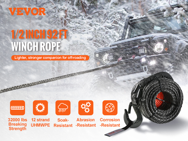 VEVOR synthetic winch rope 1/2 inch by 92 ft, 32000 lbs breaking strength, ideal for off-roading.