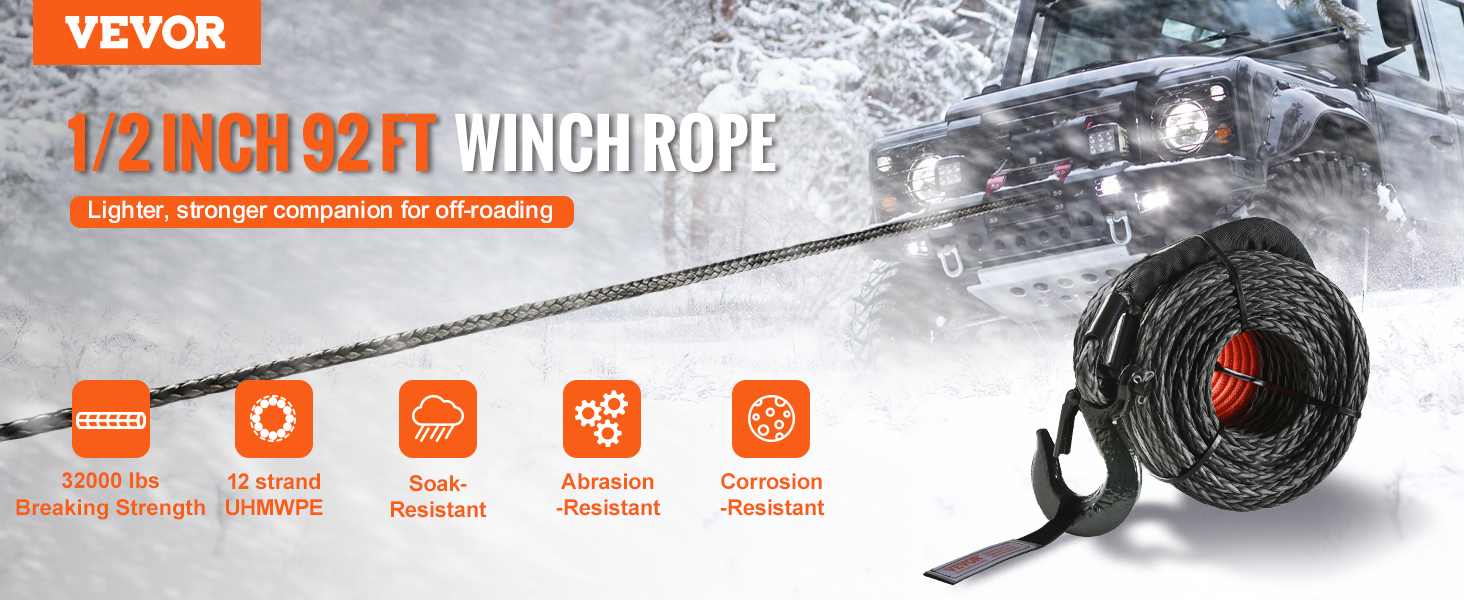 VEVOR synthetic winch rope 1/2 inch by 92 ft, 32000 lbs breaking strength, ideal for off-roading.