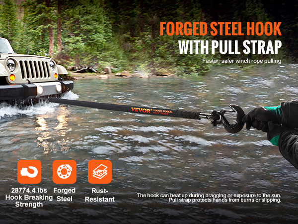 jeep using VEVOR synthetic winch rope with forged steel hook and pull strap for river crossing.