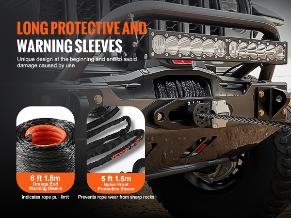 VEVOR synthetic winch rope with long protective sleeves, orange end warning sleeve, and nylon front sleeve.