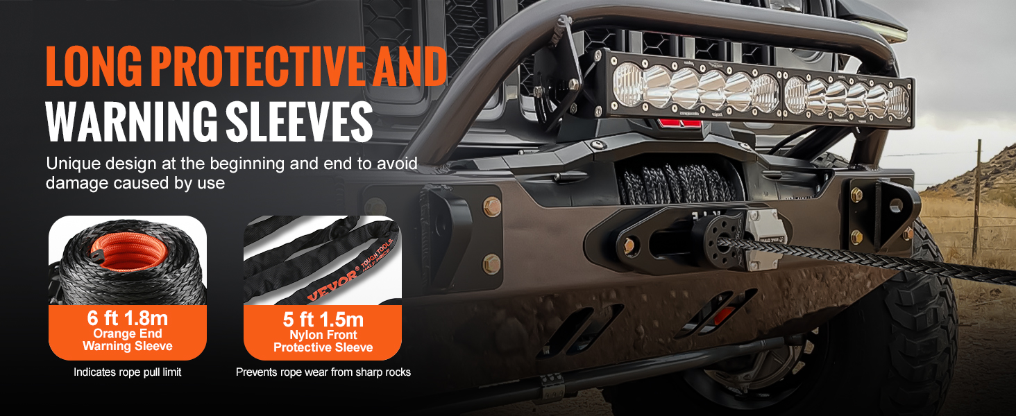 VEVOR synthetic winch rope with long protective sleeves, orange end warning sleeve, and nylon front sleeve.