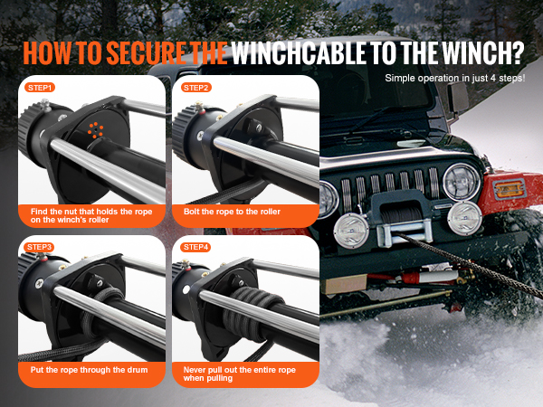 how to secure the VEVOR synthetic winch rope in 4 steps with a jeep in the background.