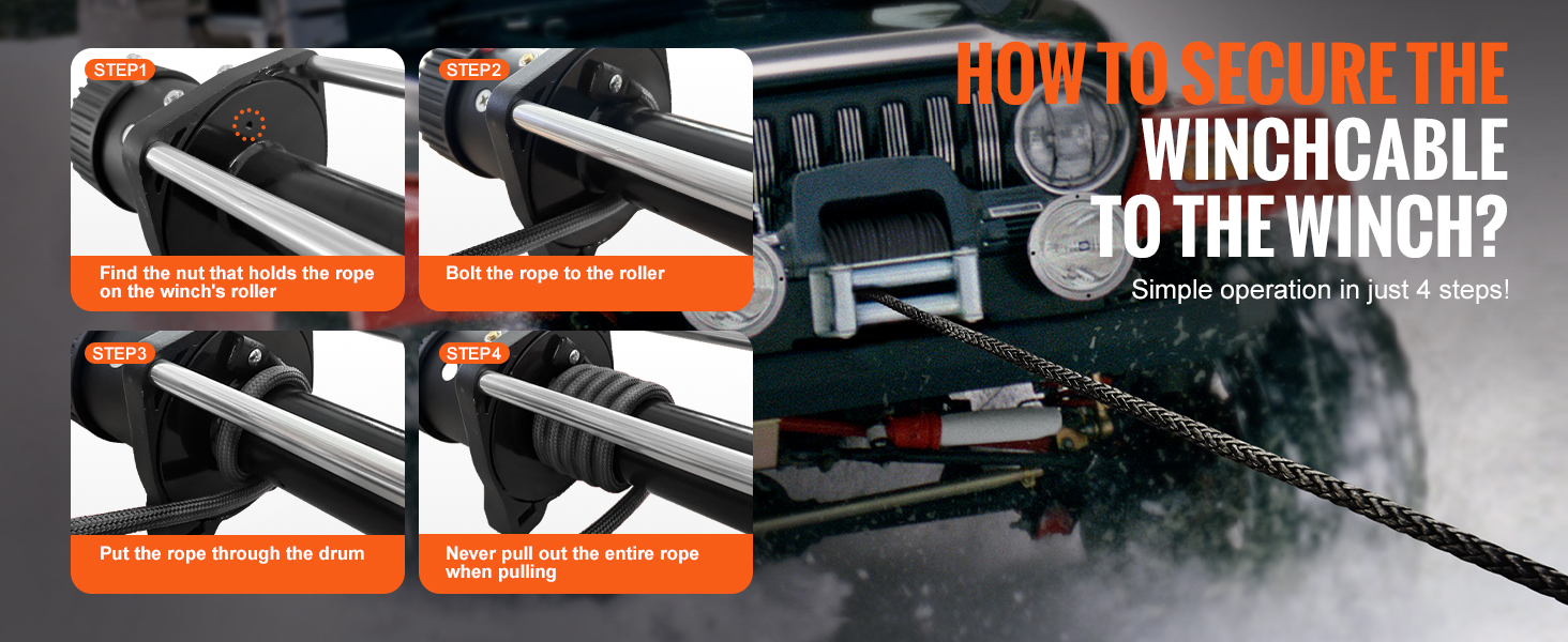 how to secure the VEVOR synthetic winch rope in 4 steps with a jeep in the background.