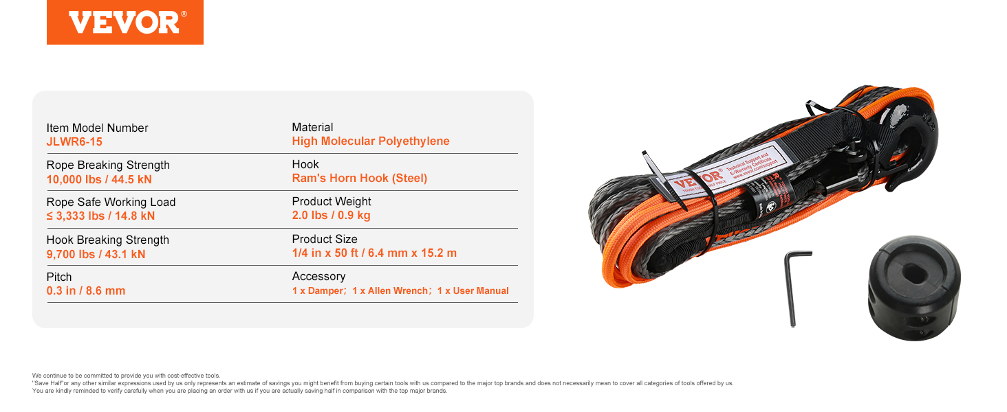 VEVOR synthetic winch rope, 50 ft, orange rope, steel hook, allen wrench, black stopper.