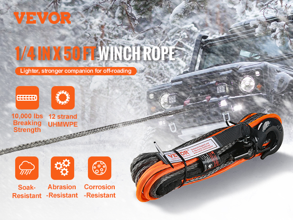 VEVOR synthetic winch rope, 1/4 in x 50 ft, 10,000 lbs strength, abrasion and corrosion-resistant.