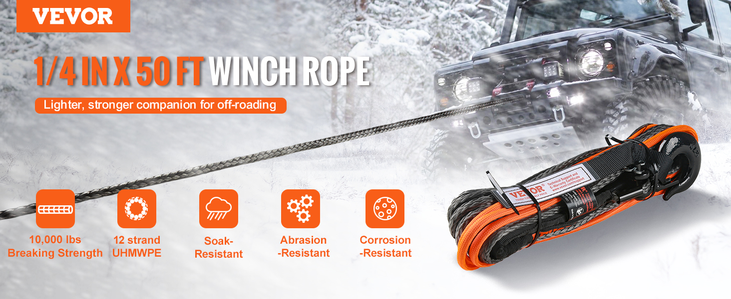 VEVOR synthetic winch rope, 1/4 in x 50 ft, 10,000 lbs strength, abrasion and corrosion-resistant.