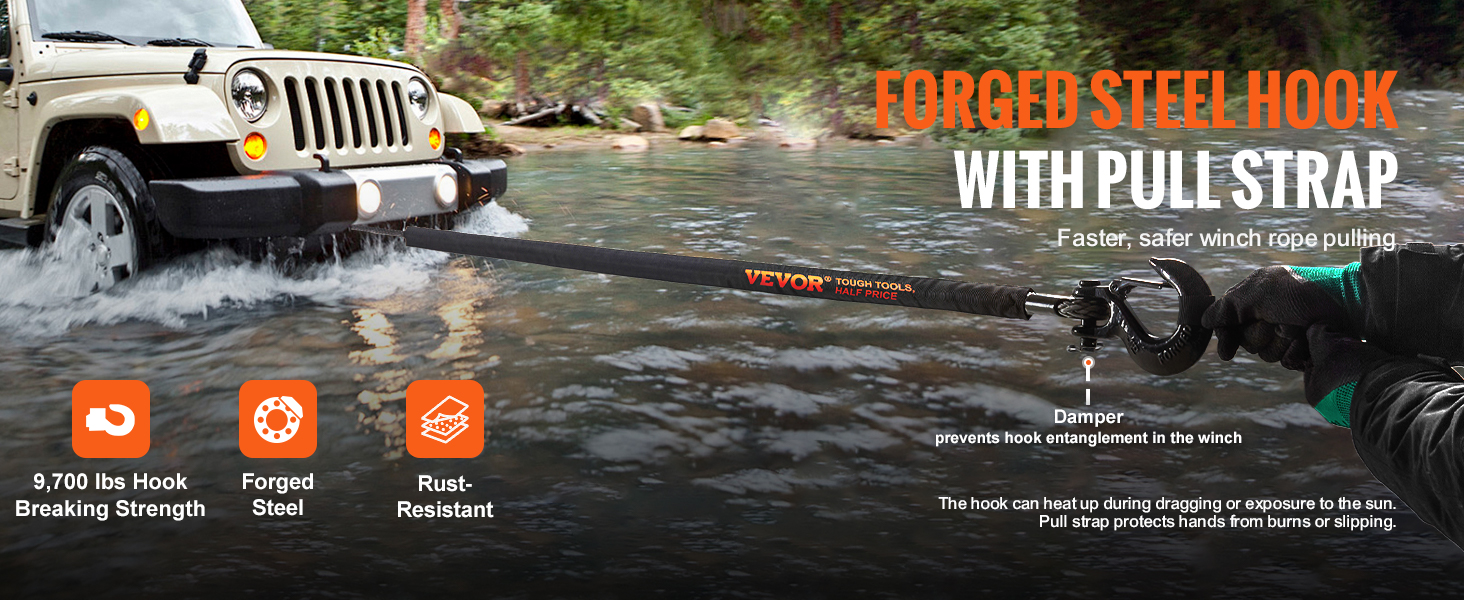 jeep crossing water with VEVOR synthetic winch rope, forged steel hook, and pull strap. 9,700 lbs strength.