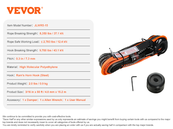 VEVOR synthetic winch rope spool with hook, damper, allen wrench, and specifications table. durable and strong.