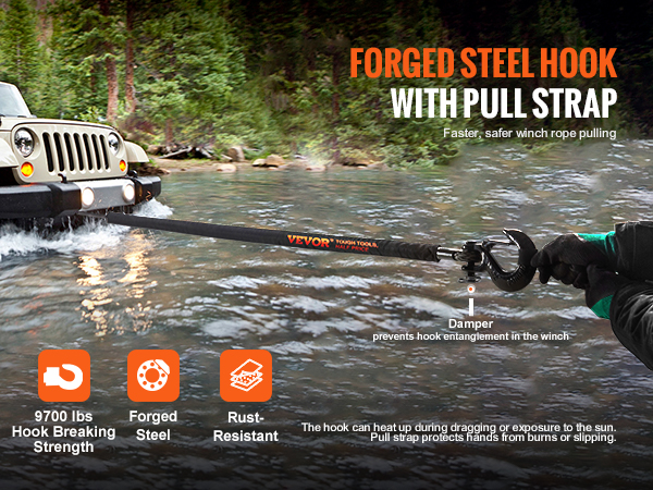 VEVOR synthetic winch rope towing a jeep through water, featuring a forged steel hook with pull strap.