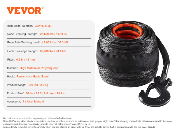 VEVOR synthetic winch rope, 26,500 lbs breaking strength, 85 ft length, steel hook, high molecular polyethylene.