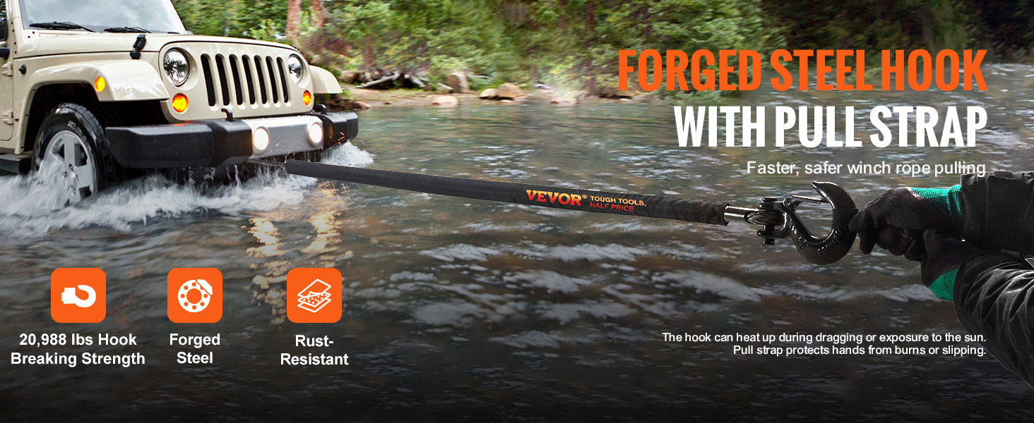 jeep pulling with VEVOR synthetic winch rope and forged steel hook across water; features shown below.