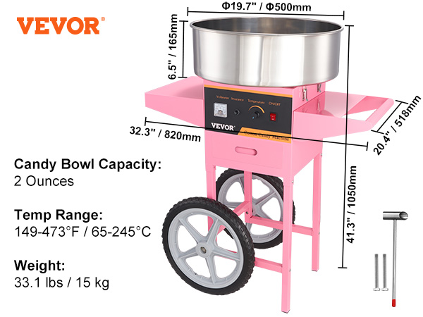 VEVOR cotton candy machine in pink with dimensions and specifications displayed.
