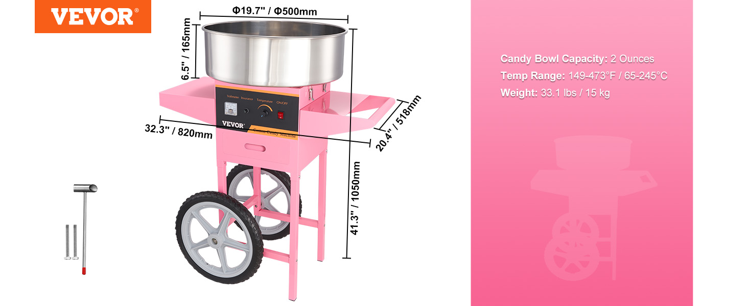 VEVOR cotton candy machine in pink with dimensions and specifications displayed.