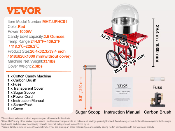 VEVOR cotton candy machine with 3.5-ounce bowl, 1000w, accessories, and dimensions. red model mhtjjphc01.