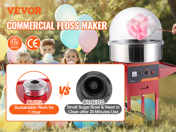VEVOR cotton candy machine making cotton candy with kids, balloons, and machine benefits highlighted.