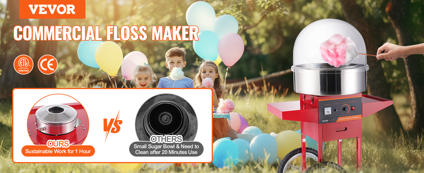VEVOR cotton candy machine making cotton candy with kids, balloons, and machine benefits highlighted.