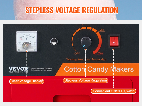 VEVOR cotton candy machine control panel with clear voltage display, stepless voltage regulation, and convenient on/off switch.