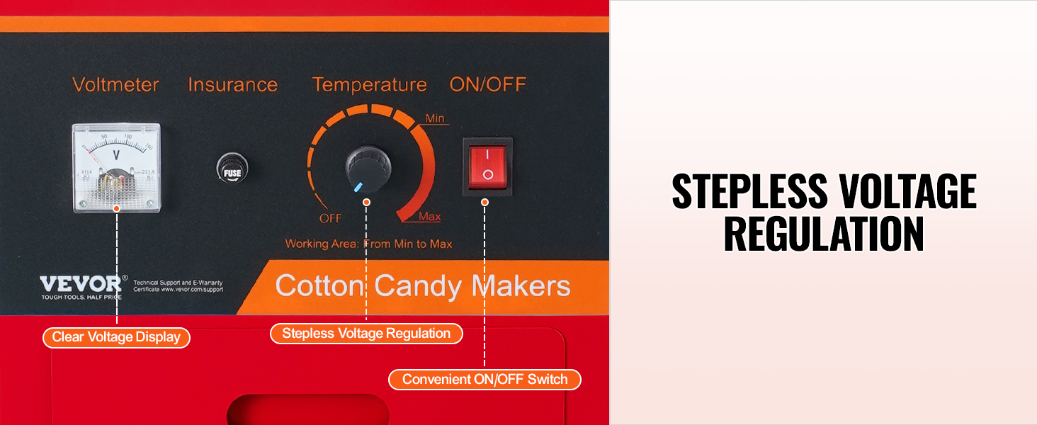 VEVOR cotton candy machine control panel with clear voltage display, stepless voltage regulation, and convenient on/off switch.