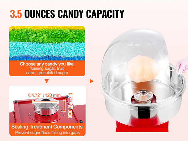 VEVOR cotton candy machine with 3.5 ounces capacity and sealing treatment components to prevent sugar loss.