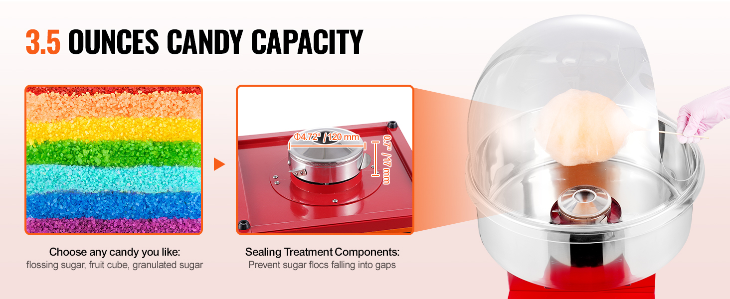 VEVOR cotton candy machine with 3.5 ounces capacity and sealing treatment components to prevent sugar loss.